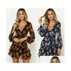Basic Casual Dresses Women Long Sleeve Tiered Fashion V-Neck Flower Printing Dress Spring And Autumn Clothes French Elegance Y Midi Dha7F