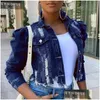 Women'S Jackets Womens Autumn Women Puff Sleeve Hole Denim Plus Size Single Breasted Short Jean Jacket Female 2021 Ripped Streetwear L Dhjd5