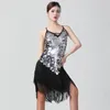 Stage Wear Womens Latin Dance Sequin Tassel Dress Performance Leaky Back Competition Jarretelles