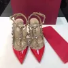 2024 Fashion Sandals Women Pumps High Heels Shoes Casual Designer Gold Matt Leather Studded Spikes Slingback women high heel shoes size 35-44