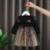 女の子のドレス光沢のある星チュールドレスフロックブラック子供カジュアルモデル秋の冬の子供のための卸売幼児の長袖