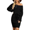 Autumn And Winter Pure Color Slim Fit Womens Long Sleeved Butt Off The Shoulder Dress Set