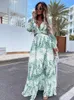 Basic CasUAl Dresses Cut Out Deep V Neck Long Dress Women Clothing Print Floral Sexy Slim Maxi Pareo Slim Long Sleeve Robe Boho Vestidos 230801