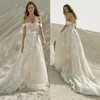 Eisen Stein A-Line Wedding Dresses Sexiga Off Axla Applicques Lace Beach Brudklänningar Custom Made Open Back Sweep Train Wedding D264M