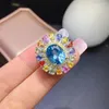 Cluster Anneaux Luxueux Rond Soleil Fleur Naturel Multicolore Saphir Gem Anneau S925 Argent Bleu Topaze Femmes Cadeau De Fête Bijoux