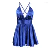 Casual Dresses Satin Pleated Party Club Dress 2023 V Neck Women Summer Sexig Back Cross Soe Up Bow Trap Female Mini Vestid