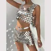 Skirts IngeSight.Z Sexy Metal Disc Body Chain for Women Trendy Silver Color Sequins Harness Underwear Belly Chain Mini Skirt Festival 230731