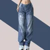 Jeans pour femmes Harajuku imprimé Cargo Jeans Y2K Bleu foncé marron Taille haute Streetwear 90S Baggy Jeans Femme Pantalons Jeans à jambes larges droites 230801