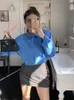 Blusas femininas com lapela azul manga longa all-match blusa feminina cintura oca sólida camisas curtas 2023 outono coreano chic temperamento tops