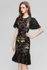 Designer Runway Sequined Black Trumpet Lace Dresses for Women Party Elegant Luxury Sexy Midi Vestido Fiesta Short Sleeve