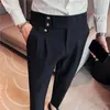 Spodnie męskie wiosna solidne biznesowe garnitur przycisk wysokiej talii mężczyźni formalne jakość szczupłe spodnie biurowe