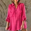 Blusas Femininas Camisa Feminina Simples Versátil Primavera/Outono Lapela Decote em V Botões Elegantes Meia Carcela Bolsos Remendados Para A