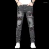 Jeans pour hommes moto pour hommes Stretch gris Slim Fit déchiré homme Denim pantalon Hip Hop Patchwork imprimé vêtements étudiants garçons
