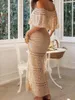Casual Dresses Hirigin Elegant Women's Summer Boho Long Tube Top Dress Short Sleeve Off Shoulder Knit Pattern Hollow Tie Up