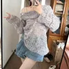 Women's Sweaters Deeptown Korean Off Shoulder Gray Sweater Women Coquette Oversize Hollow Out Knit Top Fairycore Y2k Long Sleeve Tops Chic