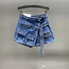 Fashion Womens Shorts Skirts Elastic Jeans Irregular Multi Pocket Cargo Pants Zipper Bag Shorts Spring Summer New Denim Skirt Pants