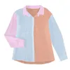 Chemisiers pour femmes chemises boutonnées de couleur assortie col en V à manches longues chemisier retroussé ample plaine basique décontracté hauts et blusas