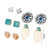 Stud Earrings 5 Pairs Women Colored Rhinestone Flower Golden Hollow Leaf Round Square Elegant Girls Fashion Jewelry Gift