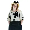 Женские блузки Imakokoni Оригинальный дизайн Polka Dot Black Flower Half-рукав Top Crewneck Pellover Плиссированная футболка Summer 234019