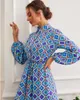 Ethnic Clothing High Waist Blue Bubble Sleeve Long Dress Retro Print Abayas Turkish Geometry Printed A-line Party