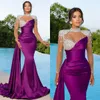 Elegantes lila Meerjungfrau-Abendkleid mit Perlen, hohem Kragen, Party-Abschlussballkleid, Illusion, lange Ärmel, langes Kleid für besondere Anlässe