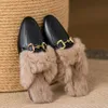 Sandal Metal Buckle Fur Plat Mules Fashion Solid Color Stängd tå Plush Slippers Casual Outdoor Furry Warm Slides 230731