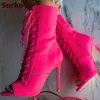 Сапоги Surkova Pink Neon Yellow Etchent Etching Lycra Angle Boots Thin High Help Open Toe Короткие пинетки кросс-бретель