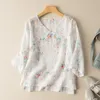 Chemisiers pour femmes Literary Retro Seven-point Sleeve Ramie Blouse Femme Été Mode Élégant Chinois Vent Mince Paragraphe Casual Floral Shirt