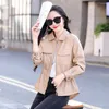 Women's Leather Spring Women Autumn Casual Fashion Turn-down Collar Drawstring Waist Sheep Coat Slim Moto & Biker Jacket