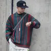 Herrtröjor American Streetwear Fashion Vintage Hip Hop Stripe Pullover Tröja Male Shoulder Drop Loose Knitwear