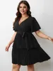 Plus Size Jurken Dames Lady Party 2023 Zomer Zwart Effen V-hals Geplooide Kleding 4xl Elegant Chic Korte Mouwen Outfits