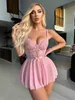 Ellolace Sexy Nachtkleding Kanten Jurk Lichtroze Doorschijnende Nachtkleding Ruffle Mesh Aantrekkelijke Korte Jurken Nighty Fantasy Lingerie L230626