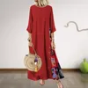 Casual Dresses Women Maxi Dress Three Quarter Sleeve Cotton Linen Oversized Solid Color Crew Neck Button Decor Vestido