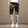 Herr jeans sommarshorts svart stretch smal passform utskrift desinger denim knä längd byxor streetwear casual 2023