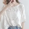 Vrouwen Blouses Vintage Casual Katoen Hollow Lace Shirt Vrouwen 2023 Dunne Batwing Mouw Witte Blouse O-hals Shirts Zomer Tops 27910