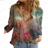 Women's Blouses Selling Floral 3D Oil Painting Printed Long Sleeved Shirt Elegant Street Style Chiffon Breathable