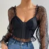 T-shirts pour femmes Echoine Lace Sheer Mesh Pathwork Puff Sleeve Sexy Blouse Femmes Corset Noir Élégant Slim See Through Shirt Top Vêtements