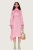 Lässige Kleider, glänzendes rosa Acetat-Rüschen-Satin, asymmetrisches Midikleid, elegantes, langärmliges, gefaltetes, schräg geschnittenes, maßgeschneidertes Event-Party-formelles Kleid