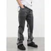 Herr jeans vintage lapptäcke flare jeans urban män streetwear wide ben denim pant hip hop svart färgblock smal fit denim jeans för män 230731