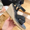 New Hemp rope weaving Wedge sandals Slippers heels slip on platform Leather open toe shoes cross women's Luxury designer sandals factory footwear With box