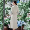 Casual Dresses Top Quality Brand Chinese Dress 2023 Summer Women V-ringen Lyxigt broderi 3/4 Sleeve Mid-Calf Beige Dark Blue Vintage