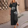 Kvinnors tvåbitar byxor Bomullslinne Set Women Dandelion Print Vintage Loose Shirt Top Elastic midja bred ben Straight kostym Boho outfit