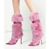 Boots Pink Fur Pointy Knee High Boots Women Trends Luxury Fluff Metal Chain Winding High Heels Boots Winter Female Fashion Snow Boots 230801