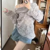 Women's Sweaters Deeptown Korean Off Shoulder Gray Sweater Women Coquette Oversize Hollow Out Knit Top Fairycore Y2k Long Sleeve Tops Chic