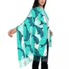 Cachecóis Cachecol Feminino Inverno Pulando Golfinhos Na Onda Verde Capa Quente Fina Envoltórios Feminino Bandana Pashmina Longa Borla