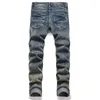 Retro Blue w trudnej sytuacji streetwearu dla mężczyzn Slim-Fit Stretch prosto rozryte dżinsy haftowane patchwork uszkodzone chude spodnie