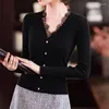 Kvinnors stickor Fashion Black Lace Edge Panel Sticked Cardigan tröja 2023 Kvinnor Spring Autumn Thin Jacket Topps Elegant kvinnlig stickad