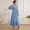 Ethnic Clothing High Waist Blue Bubble Sleeve Long Dress Retro Print Abayas Turkish Geometry Printed A-line Party