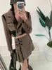 Two Piece Dress UNXX Double Breasted Women Short Blazer Cropped High Waist Irregular Cross Slit Mini Skirt Brown Long Sleeve Suits 2 Pieces