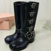 MIUI Cuir en cuir bouclé Vache de vache Biker Boots Bottes de genou Chunky Talon Zip Knight Bot